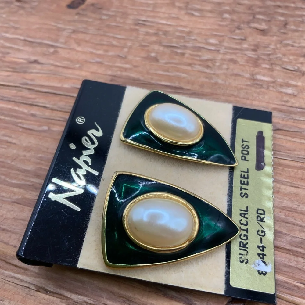 Napier Vintage Green Pearl-Accent Gold Tone Triangle Stud Earrings